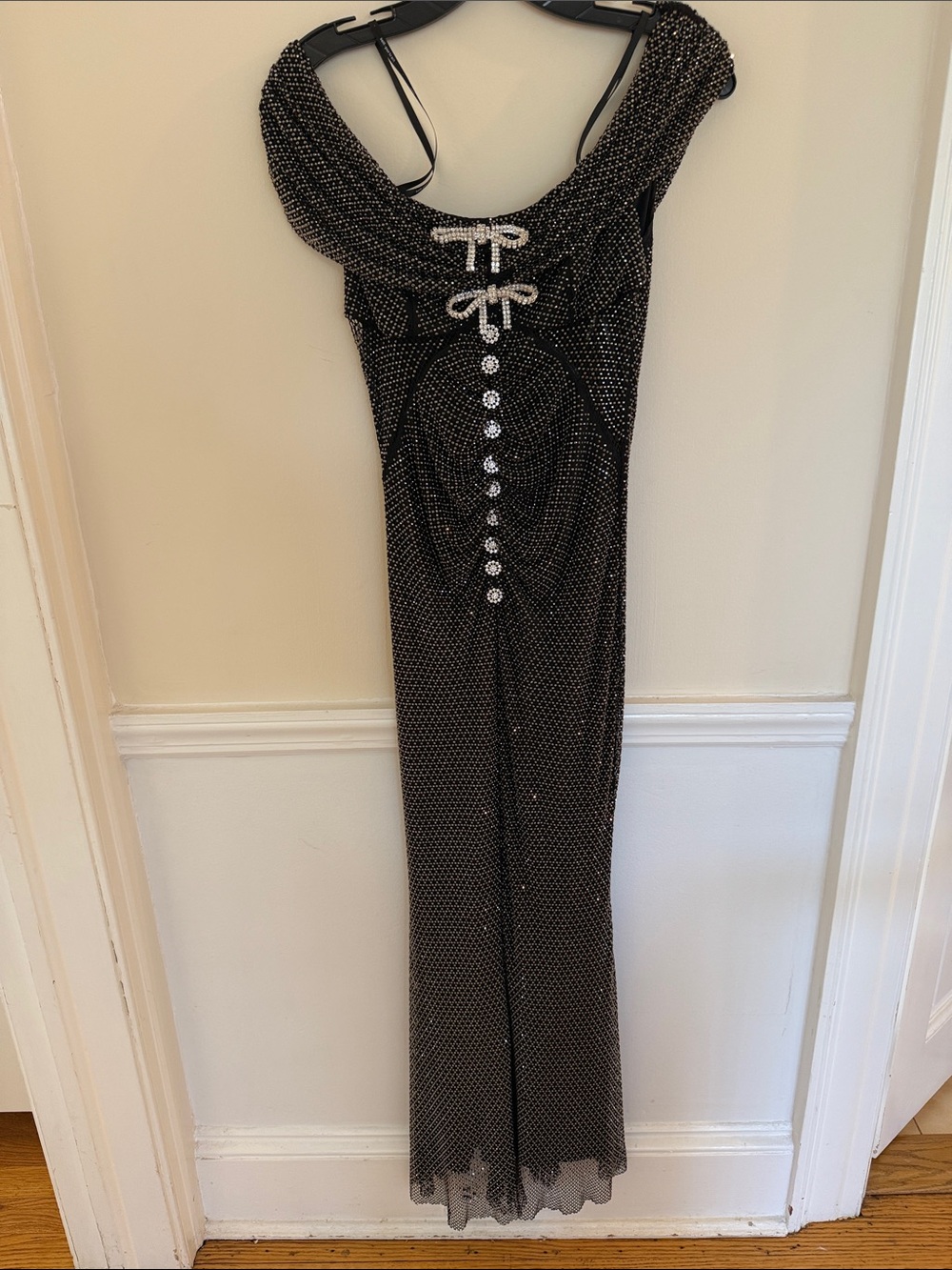 Self-Portrait Black Sequin Maxi Dress with Rhinestone Bows